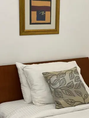 a bed with a pillow and a picture on the wall at Bonita Inn in Amman