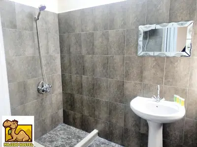 a bathroom with a shower with a sink and a toilet at Majido Hotel in Wadi Musa