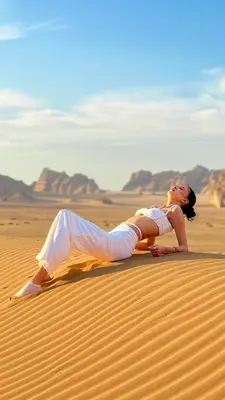 a woman is laying on the sand in the desert at Rum Paradise luxury camp& BUBBLE in Wadi Rum