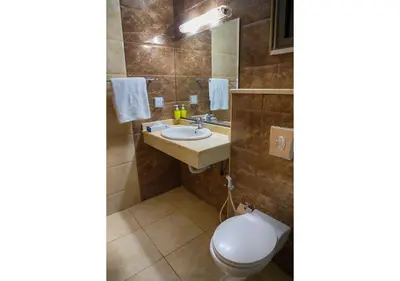 a bathroom with a toilet and a sink at Shweiki International Hotel in Aqaba