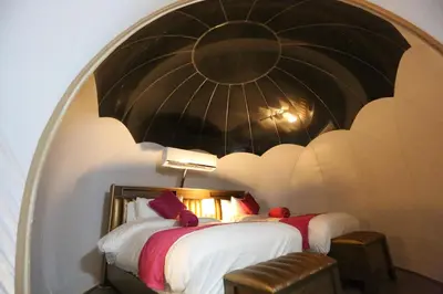 a bedroom with a bed and a large mirror at Wadi Rum Bubble Luxotel in Wadi Rum