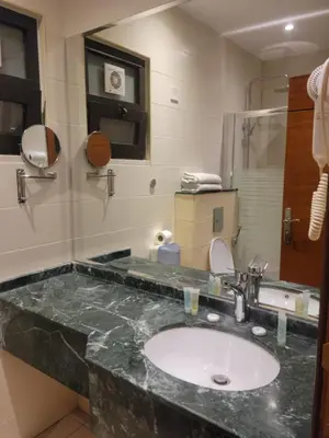 a bathroom with a sink and a mirror at Big Ben Hotel Suites in Amman
