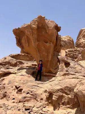 a person standing on top of a rock formation at Myra Stars Camp & Tours in Wadi Rum