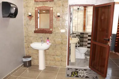 a bathroom with a sink and a mirror and two toilets at Basant Villa in Wadi Musa