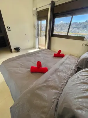 a bed with two red hearts on top of it at Villa Mira GuestHouse 2 - Downtown Central Amman - AL DIYRIH in Amman