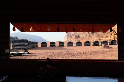 a view from a window of a building at Desert Bedouin camp in Wadi Rum