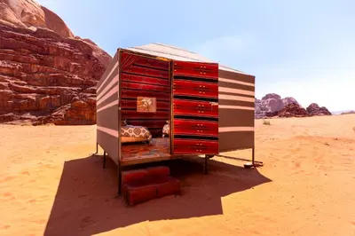 a dresser in the middle of the desert at Wadi Rum night soul Camp in Wadi Rum