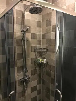a bathroom with a shower with a glass door at Petra Heart Hotel in Wadi Musa