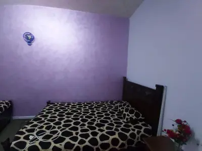 a bedroom with a bed and a purple wall at Jarajreh Apartments/ Hotel in Kerak