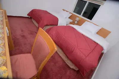 two beds with red pillows in a room at Petra Lion Hotel in Wadi Musa