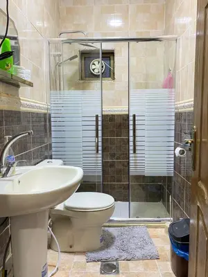 a bathroom with a toilet and a sink and a shower at Jasmine's House in Jerash