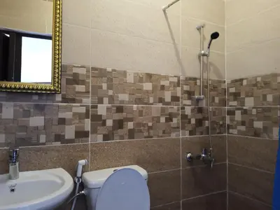 a bathroom with a toilet and a sink and a mirror at Petra Planet in Wadi Musa