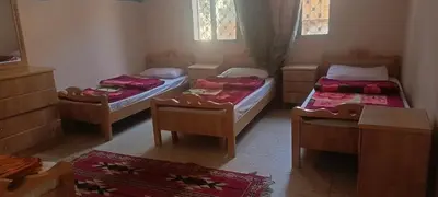 a room with three beds and two windows at Dana moon Hotel in Dana