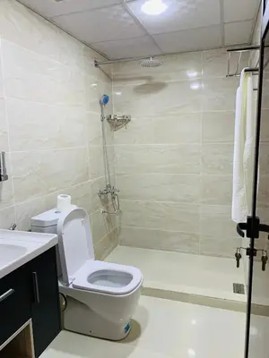 a bathroom with a toilet and a shower at sand magic camp in Wadi Rum