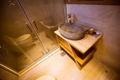 a bathroom with a sink and a shower and a toilet at Palmera Camp Wadi Rum in Wadi Rum
