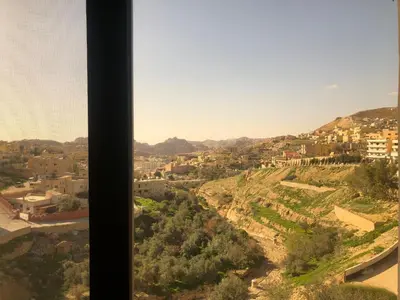 a view of a city from a window at Petra Plaza Hotel in Wadi Musa