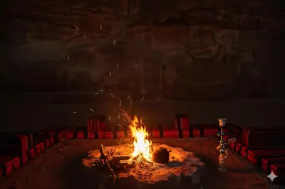a fire pit in a room with red chairs at One Thousand and One Nights Camp in Wadi Rum