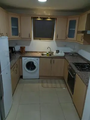 a small kitchen with a washing machine and a dishwasher at Gorgeous Pool View Apartment - Tala Bay Resort, Aqaba in Aqaba