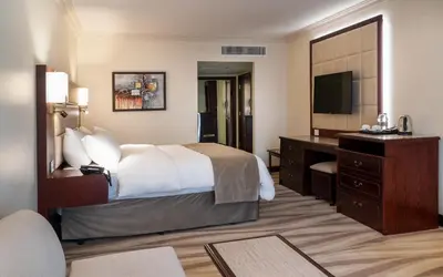 a hotel room with a bed and a television at Landmark Amman Hotel & Conference Center in Amman