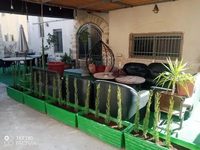 a patio with tables and chairs and plants at Nonna Aisha B&B in Wadi Musa