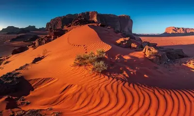 a desert with a mountain in the background at Maraheb Luxury camp in Wadi Rum