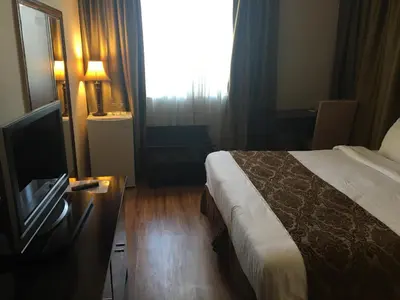 a hotel room with a bed and a television at Shepherd Hotel in Amman