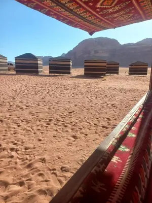 a view of a beach with several buildings in the sand at joy of life Camp in Wadi Rum
