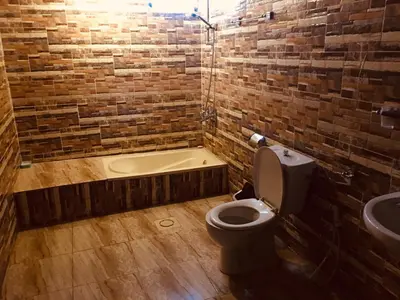a bathroom with a toilet and a bath tub at Petra bedouin house in Al Ḩayy