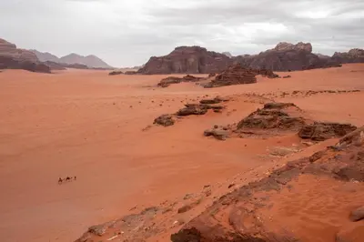 a group of people walking through the desert at Wadi Rum Nights in Wadi Rum