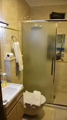 a bathroom with a shower and a toilet and a sink at Al-Naher Al-Khaled Hotel in Aqaba