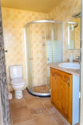 a bathroom with a shower and a toilet and a sink at Sultana Farm - Private Pool Villa near Amman in Bayyūḑah