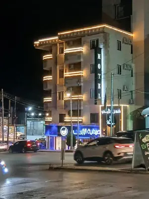 a building with cars parked in front of it at night at flamingo hotel irbid in Zabdah