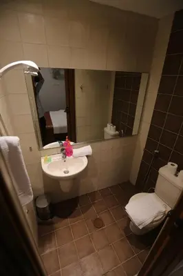 a bathroom with a sink and a toilet and a mirror at Riviera Hotel in Amman