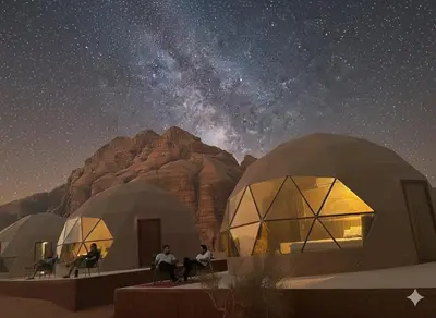 a group of people sitting outside domes under a starry sky at Rehana rum luxury camp in Wadi Rum