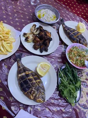 a table with plates of food with fish and vegetables at Wadi Rum albasli in Wadi Rum