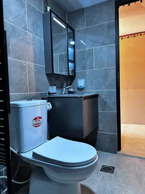 a bathroom with a white toilet and a sink at Wadi Rum Mirror Camp in Wadi Rum