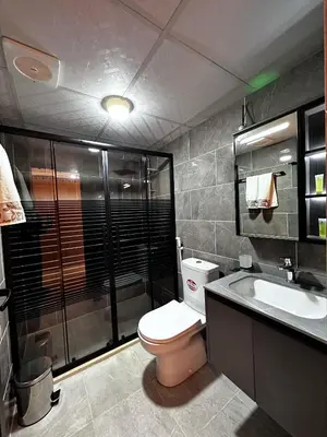 a bathroom with a toilet and a sink and a shower at Wadi Rum Mirror Camp in Wadi Rum
