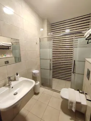 a white bathroom with a sink and a shower at Black Iris Hotel II in Madaba