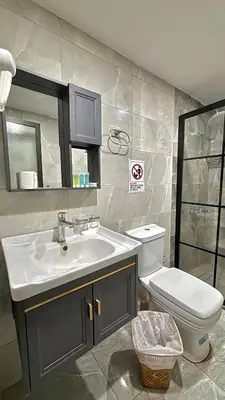 a bathroom with a sink and a toilet at Mountain Magic Camp Wadi Rum in Wadi Rum