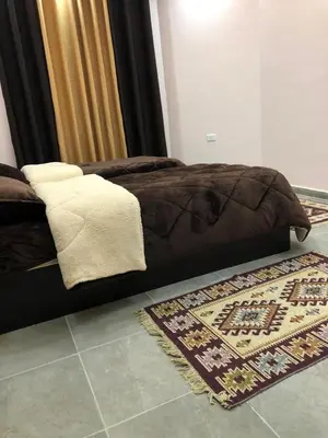 a bed in a room with a rug and a bed with a bed sqor at Petra Olive House in Wadi Musa