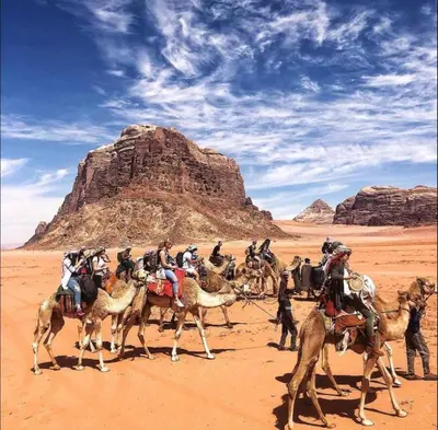 a group of people riding on camels in the desert at Wadi Rum Desert Stars in Wadi Rum
