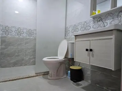 a bathroom with a pink toilet and a shower at Kylie magic camp in Wadi Rum