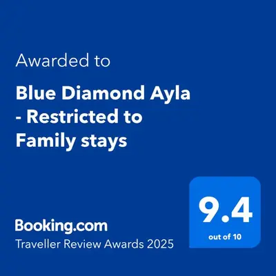 a blue background with the words awarded to blue diamond ivka restricted to family stays at Blue Diamond Ayla - Restricted to Family stays in Aqaba