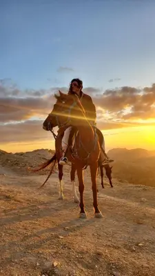 a man riding a horse in the desert at petra Casablanca lodge in Wadi Musa