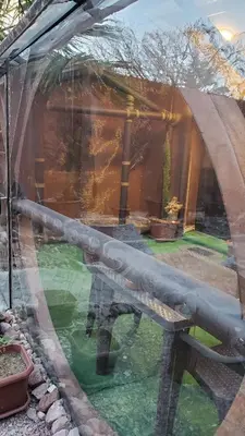 a glass window with a bench in a garden at petra Casablanca lodge in Wadi Musa