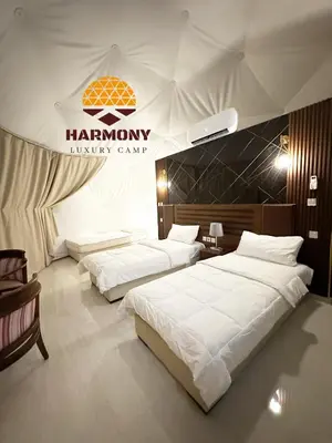two beds in a room with a harney library camp sign at Harmony Luxury Camp in Wadi Rum