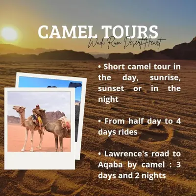 a picture of a man riding a camel in the desert at Wadi Rum Desert Heart Camp in Wadi Rum