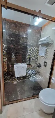 a bathroom with a glass shower with a toilet at Petra Moon Luxury Hotel in Wadi Musa