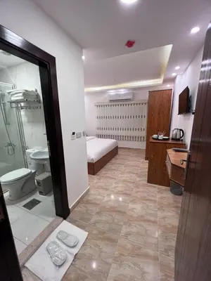 a bathroom with a shower and a toilet and a sink at Petra Family Hotel in Wadi Musa