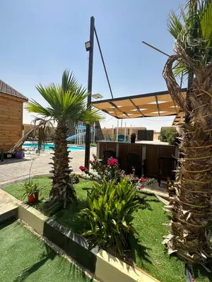a garden with palm trees and a swimming pool at The royal cottage Amman in Al Qasţal